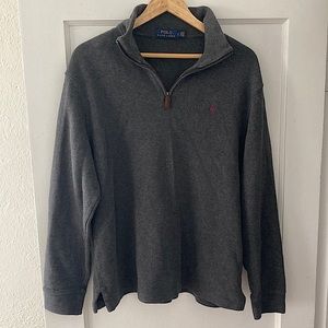 Men’s Polo Ralph Lauren Quarter Zip Sweater. Color is a Dark Gray. Size is Large